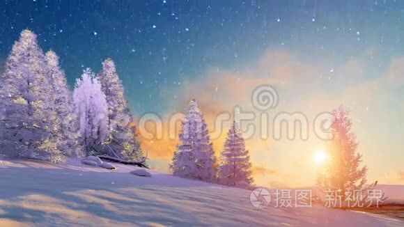 日落或日出4K的冬季雪景