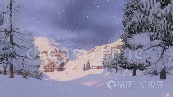 日出时雪山上的小茅屋