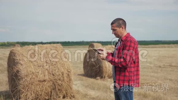 智慧农业理念.. 生活方式男子农民工人在数字平板电脑上的田野上研究干草堆。 慢慢慢慢