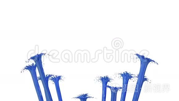 美丽的喷泉喷射液体像蓝色的油漆，喷泉与许多液体流上升高。 3D渲染非常高