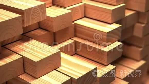 木材工业物体。 仓库的成品木梁或木板。 慢运动和循环三维动画。