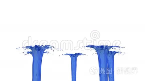 美丽的喷泉喷射液体像蓝色的油漆，喷泉与许多液体流上升高。 3D渲染非常高
