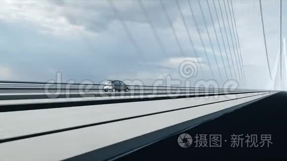 桥上电动汽车三维模型，驾驶速度很快。生态概念。逼真的4K动画。