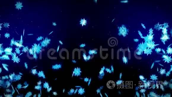 冬雪晶莹落下.. 蓝色背景上美丽的雪效果。 圣诞节。 CG雪花循环动画.