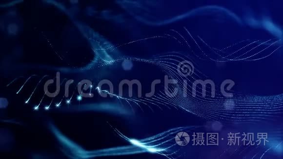 形成曲线、表面、复杂结构、时变波的发光粒子的Sci-fi蓝色背景