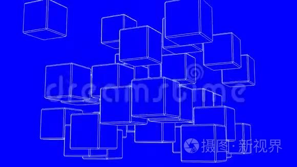 蓝底带环能白线框立方体抽象视频