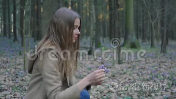 美丽的少女在森林里采野花视频