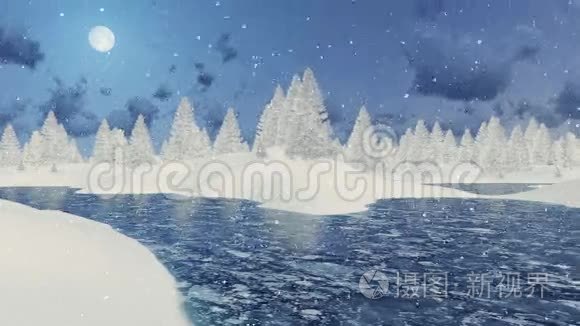 冬夜的雪原和冰湖视频