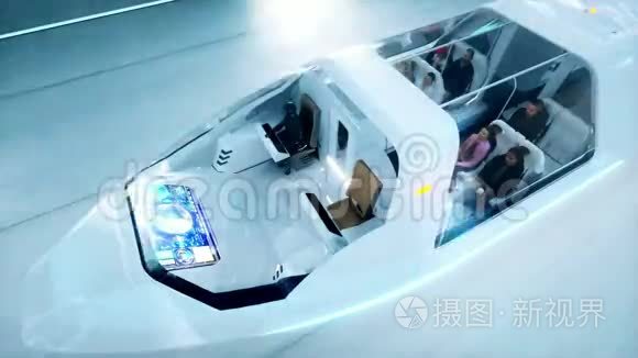 未来派飞行巴士与人民快速驾驶在SCI FI隧道，科里多。 未来的概念。 现实4k动画