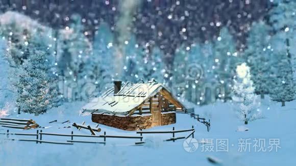 雪夜在山上舒适的小屋