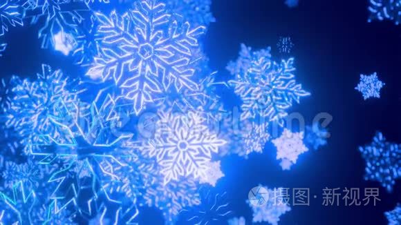 3D蓝色圣诞背景与波克和深场闪亮玩具雪花悬挂在空中美丽闪亮