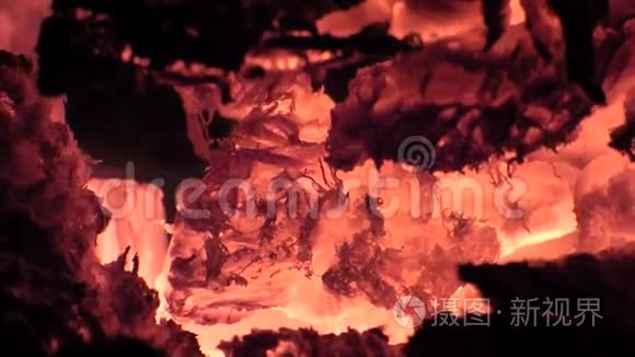 火炉内燃烧的木头的特写镜头视频