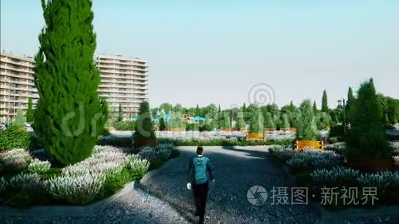 城市，城镇建筑三维可视化.. 空中观景。 现实的4k动画。