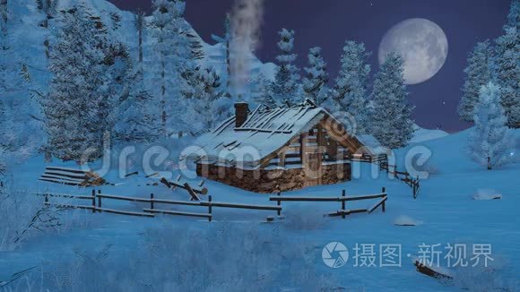 雪夜在山上的小木屋视频