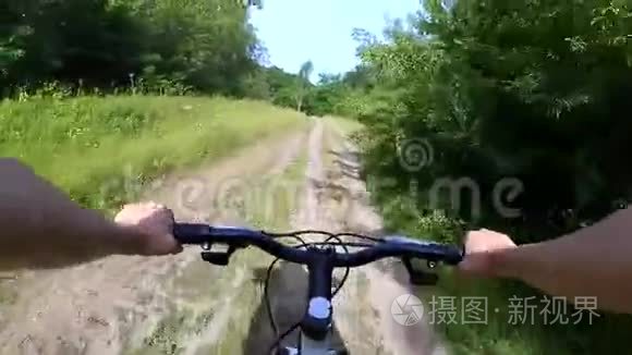 骑自行车的女孩在绿色森林里视频