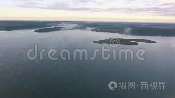 清晨在雾蒙蒙的湖面上飞翔视频