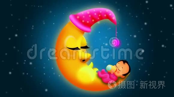 睡在月亮上的婴儿卡通，摇篮曲的循环视频背景