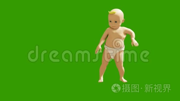 一个小孩子在绿色的屏幕上跳舞。 3D染小舞蹈儿童动画.. 循环动画。