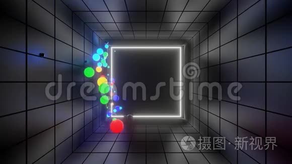 3D抽象创意动画背景与霓虹灯发光多色球体内部相机，反射墙壁。 发光