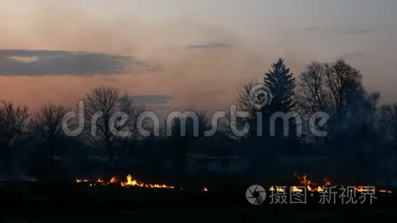 日落时在草地上或村庄附近的田野里烧草。 火焰和浓烟的色调。 生态危害。 中等