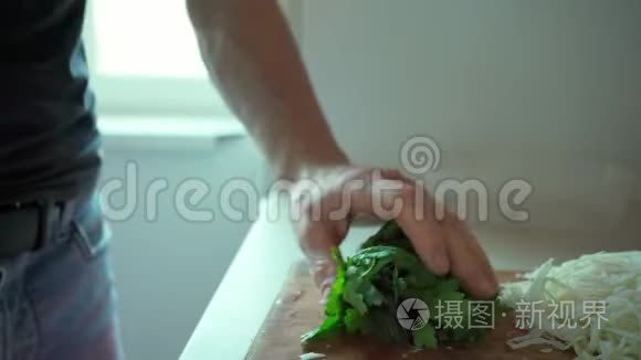 为素食沙拉切取新鲜的绿色草药视频