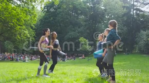 五人组适合快乐的女人在公园锻炼后给予高五，庆祝成功。 设定目标，完成团队