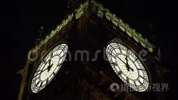 伦敦大本钟夜间特写，伊丽莎白塔钟，英国地标4K