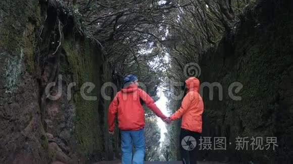 年轻乐观的一对夫妇在Tenerife的Anaga自然公园里，在被树木覆盖的岩石之间的道路上走来走去