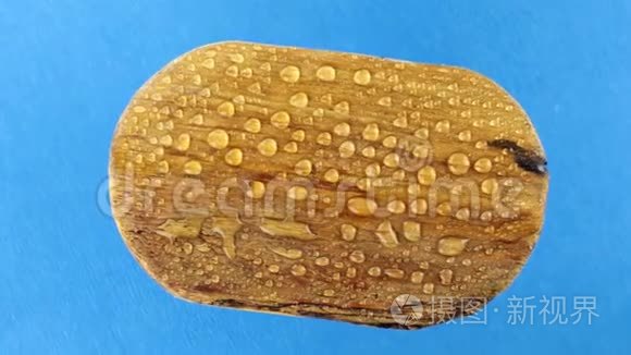 俯视图,旋转一个旧木卵圆板在雨滴. 孤立短视频