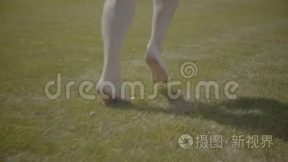 雌性赤脚的腿奔跑在绿草上