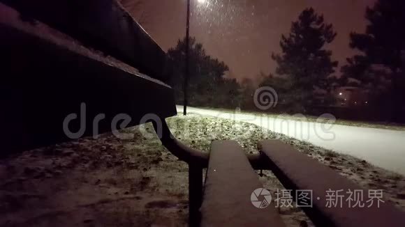 从长凳上俯瞰公园景色的雪夜