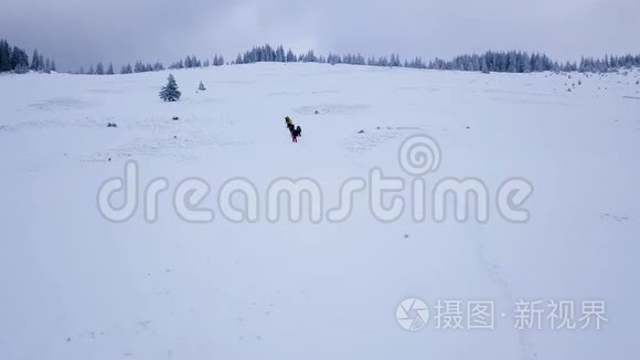 鸟瞰雪坡上的一群游客