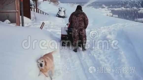 男人清洁雪机冬天的雪路和可爱的狗清洁羊毛