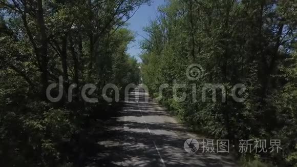 空中观景台。 飞过美丽的森林树木和道路。空中摄像机拍摄。 景观全景