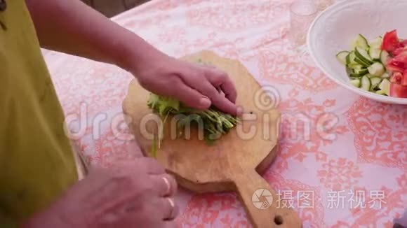 女人用刀子切菜，在切板上做沙拉。 伟大的计划。 快关门。