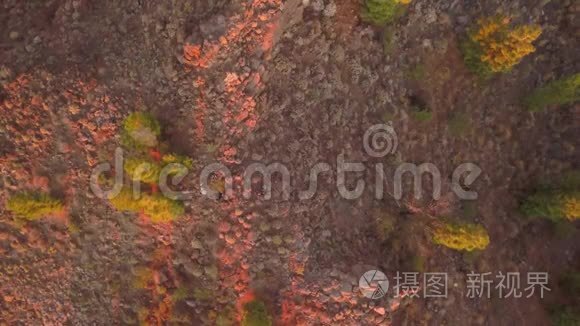 山腰岩石上的俯视风景，有几棵绿树，日落，4k